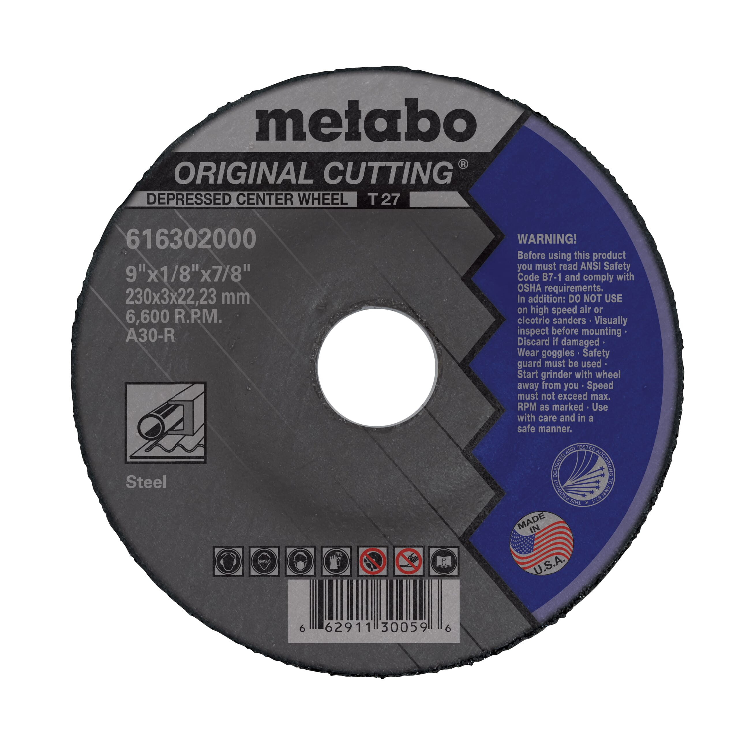 metabo® 616302000 Original Cutting® General Purpose Depressed Center Wheel, 9 in Dia x 1/8 in THK, 7/8 in Center Hole, A30R Grit, Aluminum Oxide Abrasive